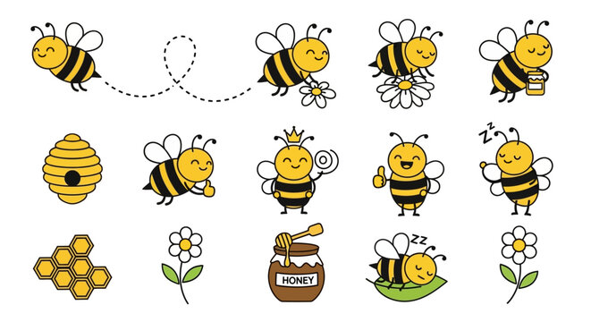 Smiling cartoon bees and honey icons.