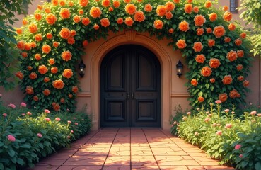 Fototapeta premium Orange roses form arch over brick path to dark double door entrance. Plants flanks walkway with pink flowers. Sunlight casts shadows on stone tiles.