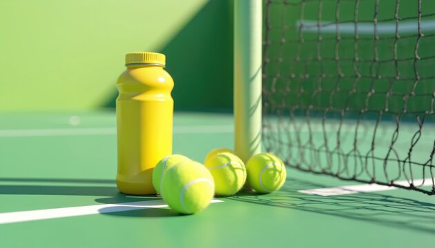 Yellow sports drink bottle and tennis balls rest on green hard court near net post. Refreshment and game equipment ready for active play. Bright outdoor daylight.
