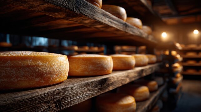 Golden cheese wheels aging on wooden shelves in dim cellar; perfect for artisanal food and rustic ambience promos.