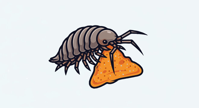 A pill bug with many legs eats a triangular chip