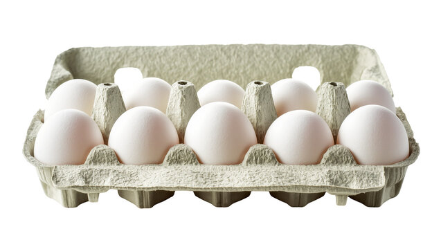 Isolated fresh raw dozen white eggs in open gray cardboard carton food ingredient.