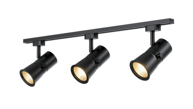Isolated three modern black LED track lights on a rail, illuminated with a warm bright yellow glow