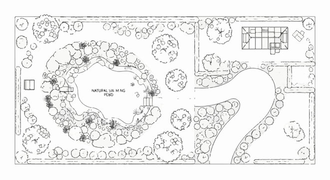 Top-down plan shows a garden with a pond, trees, and a small structure
