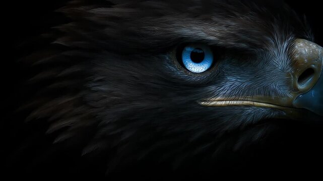 Close up of a bird of prey with striking blue eyes against black