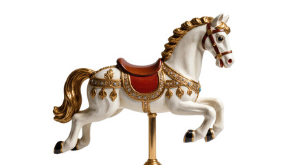 Isolated elegant white and gold carousel horse with intricate jeweled saddle and bridle details © Sorin