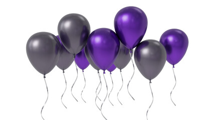 Isolated Group of Shiny Purple and Dark Grey Metallic Balloons with Ribbons Floating © Sorin