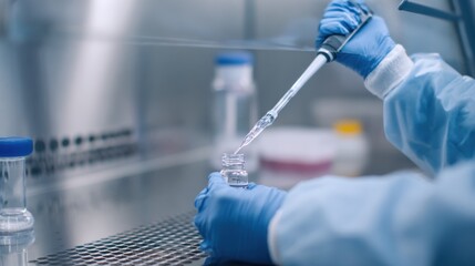 Fototapeta na wymiar Closeup medium shot of a technician carefully transferring liquids using a pipette inside a biosafety level 3 cabinet gloves and protective shield softly out of focus.