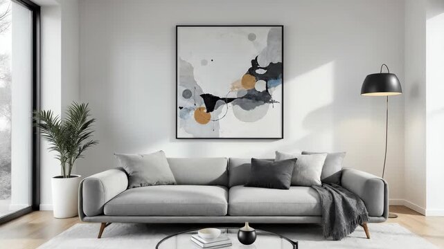Stylish modern living room with abstract art and cozy ambiance.