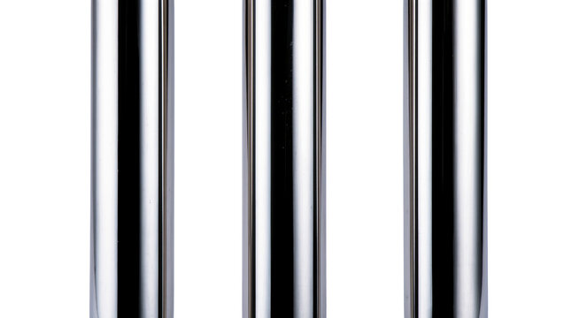 Isolated polished metallic chrome pipes, industrial stainless steel tubes, shiny reflective cylinders.