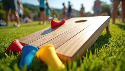 Fototapeta premium Wooden cornhole board with colorful bean bags on green grass. Outdoor lawn game close up on a sunny day. Summer recreation and leisure concept.