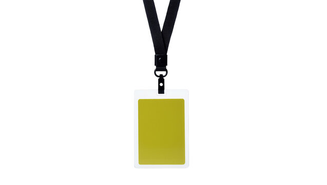 Isolated blank vertical ID card holder with lanyard and yellow-green badge, event pass template