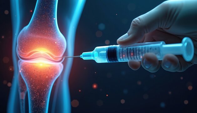 Doctor gives injection into painful knee joint. Syringe needle inserts into inflamed bone structure. Medical treatment for joint pain and injury relief.