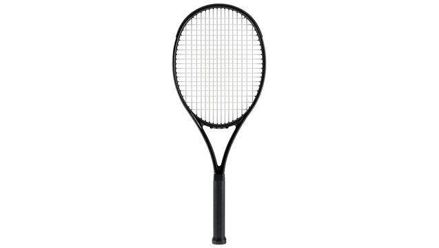 Isolated sleek black tennis racket featuring tightly strung head and comfortable grip