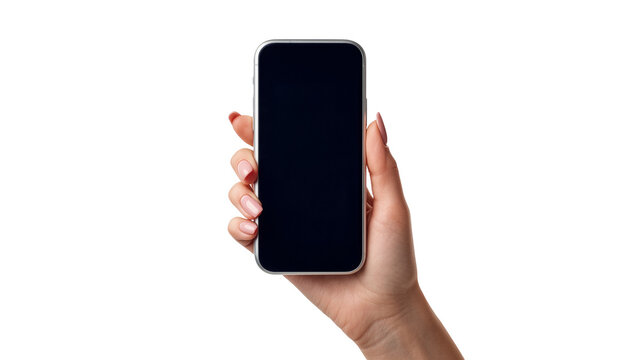 Isolated female hand holding modern smartphone with blank dark screen for content display