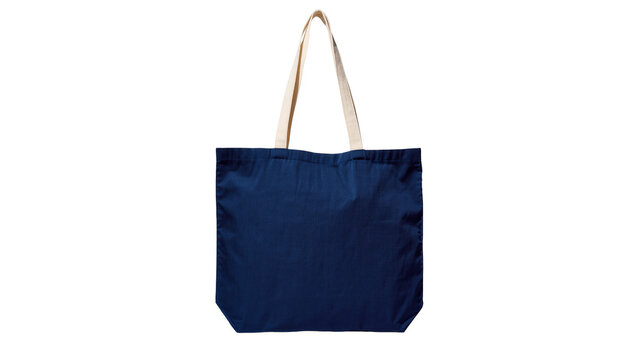 Isolated reusable blank dark blue fabric tote bag with neutral straps for eco-friendly use