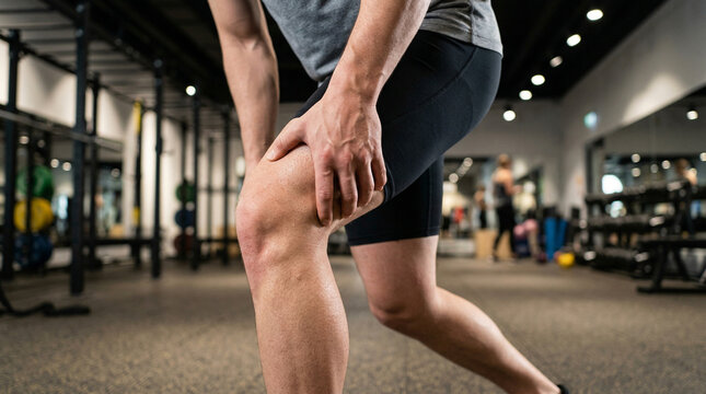 Faceless athletic man holding injured bare knee experiencing sudden joint pain