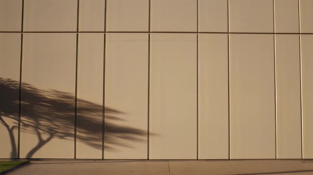 Cinematic slow motion panning shot of a lone tree casting a dynamic, elongated shadow across a modern beige building facade, symbolizing growth, nature