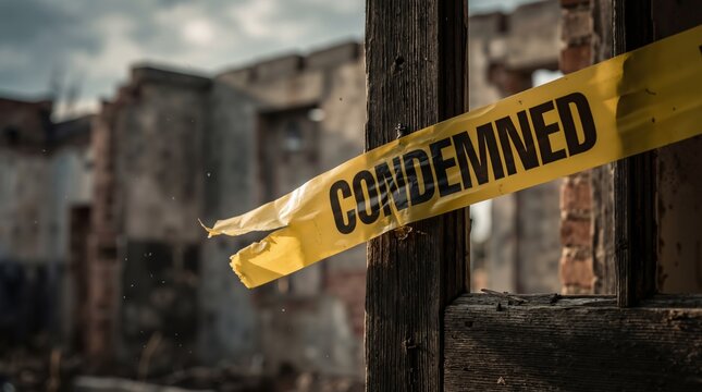Yellow tape with word condemned across entrance of ruined building. Abandoned house destruction and danger sign. Unsafe structure site security for demolition warning and construction safety hazard