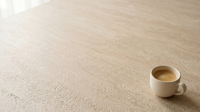 Minimalist top-down view of a coffee mug sitting on a light oak wooden desk with plenty of copy space