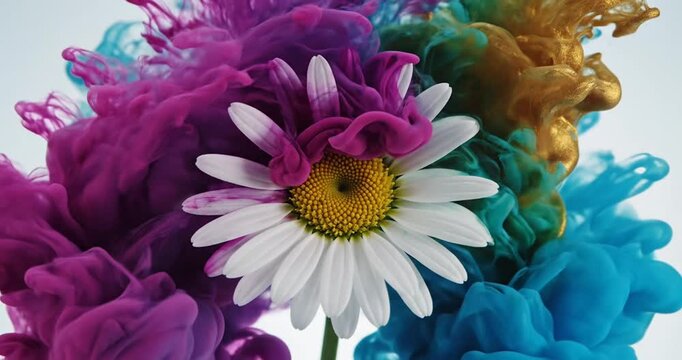 Colorful ink swirling around daisy flower.