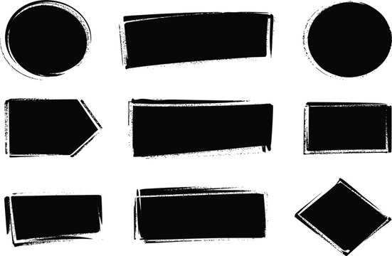 Grunge label shapes vector set, distressed badges rectangles circles and banners rough texture design