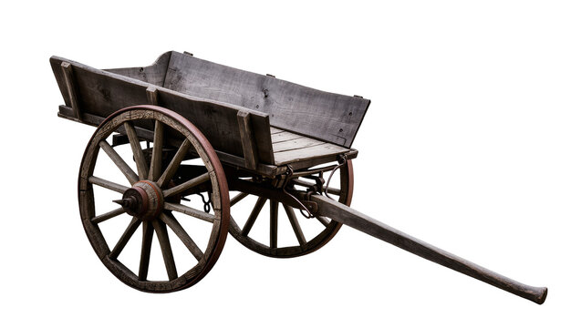 Isolated old rustic wooden cart with spoked wheels, aged texture and historical farm vehicle