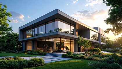 Fototapeta premium Minimalist Urban Building Exterior with Glass Panels Clean Lines and Surrounding Greenery 