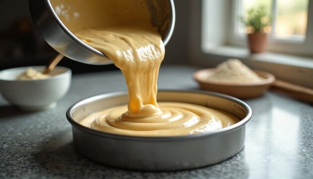 Thick cake batter pours smoothly from metal bowl into round baking pan. Dry ingredients in bowl nearby. Kitchen preparation for sweet dessert.
