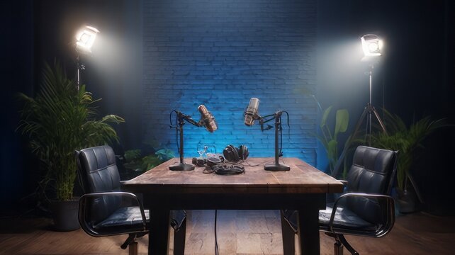 Modern podcast studio set up for an interview microphones on stands, a large wooden table centered between two comfortable leather chairs. Modern podcast studio set with two chairs, microphones. 