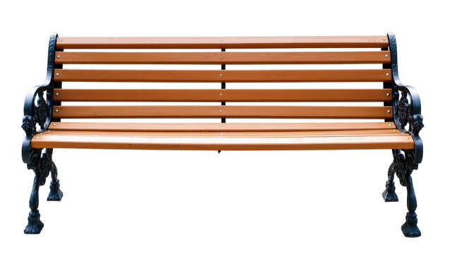 Isolated traditional wooden park bench with ornate black metal frame, frontal view