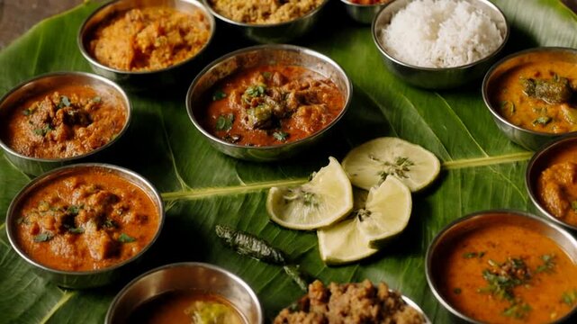 Traditional Onam Sadya feast served on a banana leaf. Colorful South Indian cuisine with various dishes. Cultural celebration and dining experience