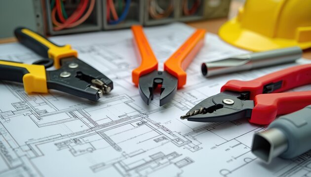 Electrical tools like wire strippers and pliers rest on building plans. Wiring components and yellow hard hat nearby suggest construction project.