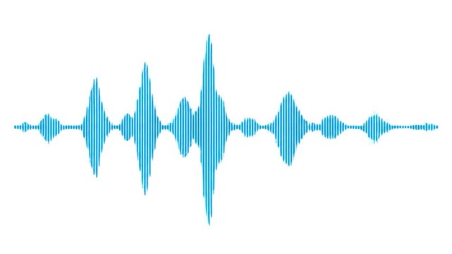 A visual representation of sound waves, displaying fluctuating amplitude and frequency patterns on a clean white background