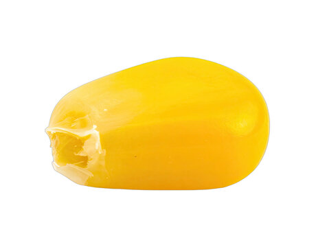 A single vibrant yellow corn kernel with a chipped end, isolated on white background