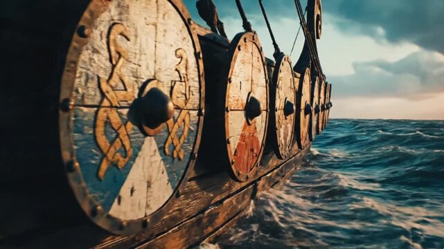 Sailing the Vikings, Detailed side view of circular wooden shields mounted on the hull, reflections of the North Sea on wet wood textures