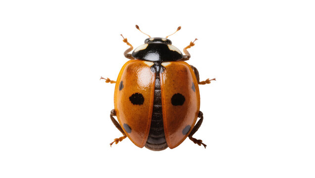 Isolated top-down studio shot of a vibrant orange ladybug with black spots