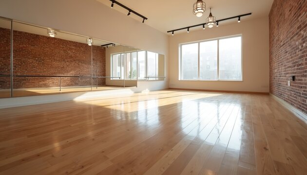 Spacious, light-filled dance studio with polished wood floor, mirrors along wall, and brick accent. Large windows let in ample sun, creating bright, airy atmosphere for movement practice.