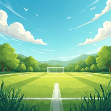 Green soccer field under bright blue sky with clouds. Rich trees surround the pitch. Goal net stands ready for game. Sports arena ready for match.