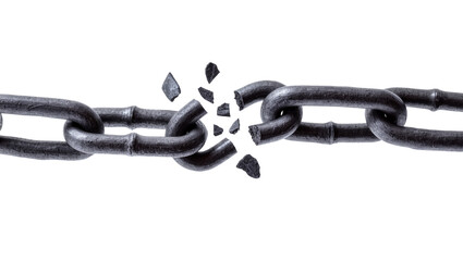Isolated broken metal chain link showing strength, weakness, freedom, and shattered fragments