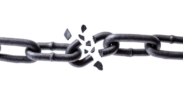 Isolated broken metal chain link showing strength, weakness, freedom, and shattered fragments