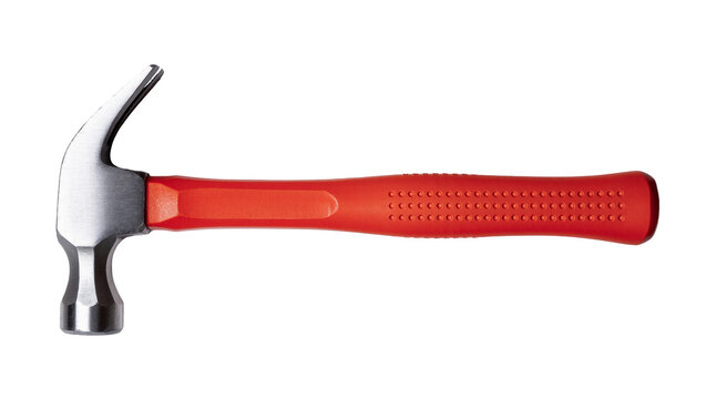 Isolated claw hammer with a vibrant red handle, ready for construction and DIY projects