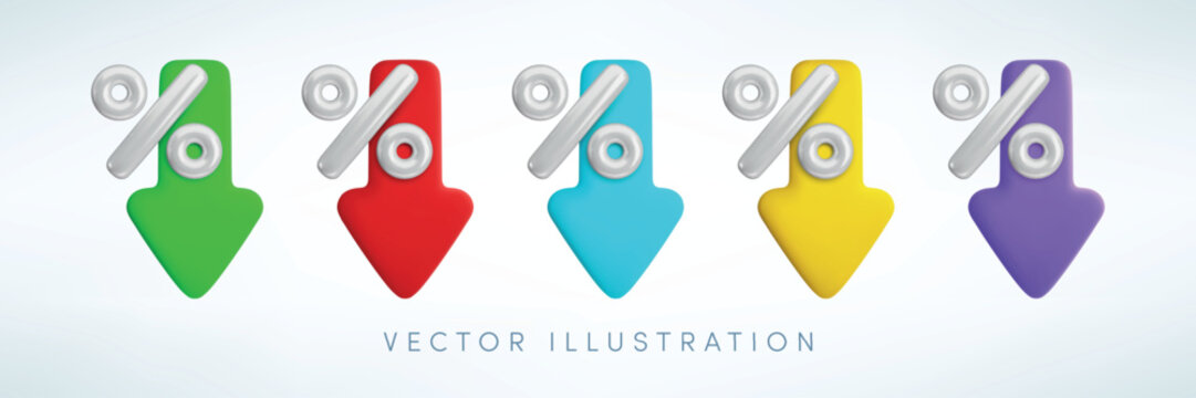 Vector cartoon 3d percent down icon set. Cute realistic white percentage sign with color downward arrow collection. Minimal 3d render rate sign, discount, financial fall, reduction of interest rate.
