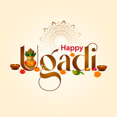 Ugadi or Gudi Padwa, the religious festival of South India. Ugadi design elements with Happy Ugadi typography © shwetha