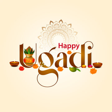 Ugadi or Gudi Padwa, the religious festival of South India. Ugadi design elements with Happy Ugadi typography