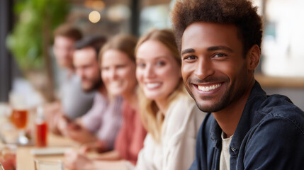 Fototapeta premium Group of friends sitting around a table with drinks and smiling, social gathering and friendship lifestyle concept, defocused background, with copy space