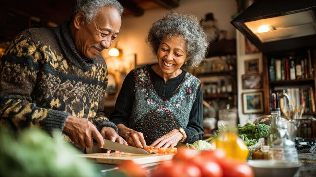 Older couple preparing food together in a cozy kitchen filled with fresh vegetables and warm decorations