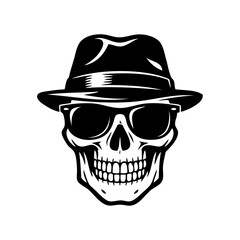 Logotipo con dibujo sencillo de calavera humana con gafas de sol y sombrero vintage de mafioso para su uso en invitaciones y tarjetas de Halloween © teracreonte