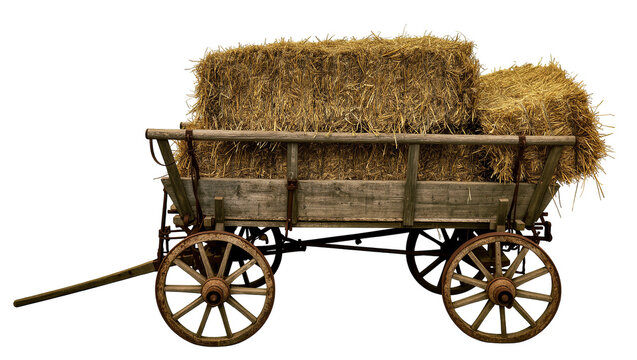 Isolated traditional rustic wooden farm cart wagon loaded with stacked bales of dry golden hay