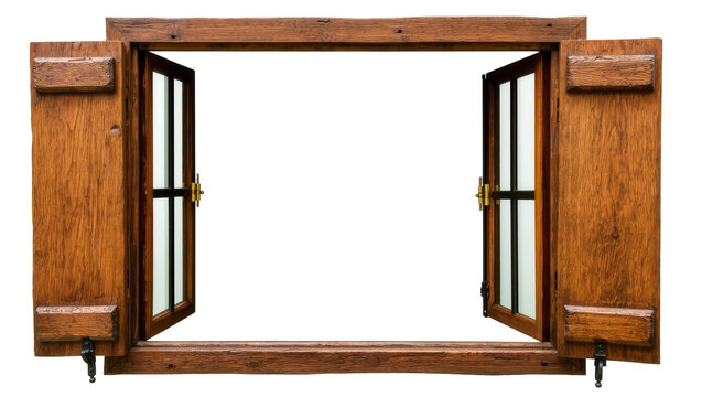 Isolated weathered natural wood window frame with open shutters and decorative brass hardware